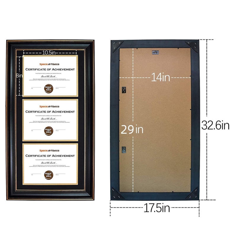 Space Art Deco, 14x29 Triple/Three Certificates Frame with Black Over Gold Double Mat for (3) 8.5x11 Diplomas/Degrees, Sawtooth Hangers Real Glass Wall Mounting (Ornate Gold/Black) - Image 5